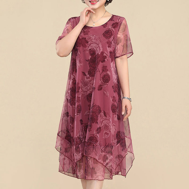 NEW O-Neck Short Sleeve Dresse - Midi Skirt Floral 评论和价格