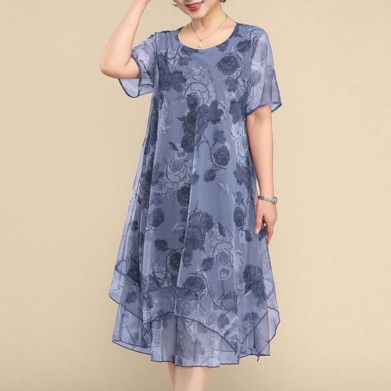 NEW O-Neck Short Sleeve Dresse - Midi Skirt Floral 评论和价格