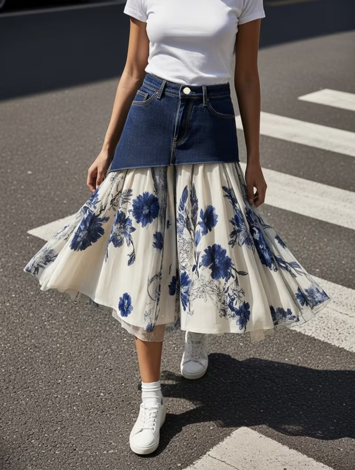 Plus Size Women High Waist Den - Midi Skirt Floral 评论和价格